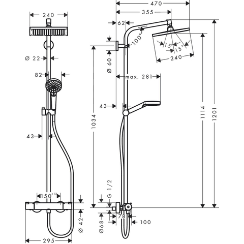 Hansgrohe Crometta e 240 - 1jet - showerpipe: - met Ecostat - 1001 CL douchekraan thermostatischHOH=15cm - met E - 24 - thermostaat - hoogglans chroom SW73205