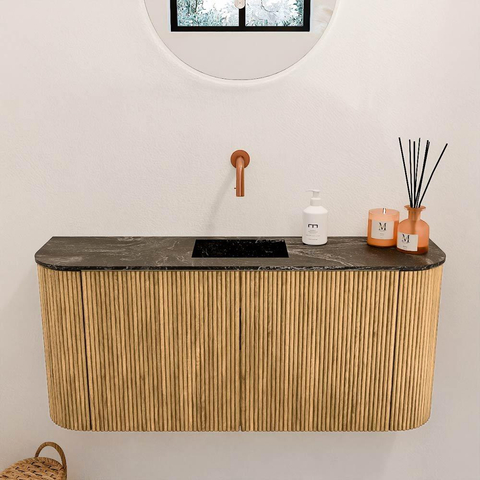 Mondiaz JOYA-DLUX 93.2cm toiletmeubel - ronding links en rechts kleur Oak - Wastafel FAYE positie Midden Zonder kraangat kleur Lava. SW1422101