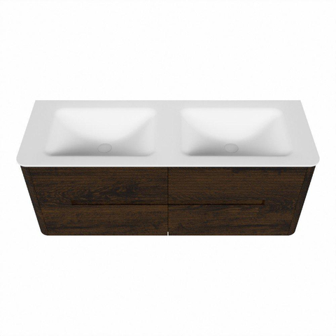Mondiaz CIRO Ensemble de meuble de salle de bains - 130x45x50cm - Vasque solid surface Talc - 2 vasques double - 2 trous de robinet - 4 tiroirs - Noyer SW1533587