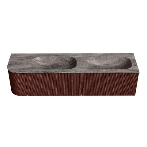 MONDIAZ KURVE-DLUX 175cm meuble de salle de bains arrondi à gauche couleur Ruby avec 2 tiroirs et 1 porte. Lavabo STOR SMALL Double / à droite 2 trous de robinet Oza. SW1432847