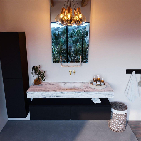 Mondiaz ALAN-DLUX Ensemble de meuble - 150cm - meuble Urban mat - 2 tiroirs - Lavabo Cloud Glace suspendu - vasque Centre - 0 trous de robinet SW805782