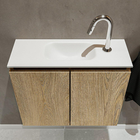 MONDIAZ TURE Kit lave-mains - 60x23x50cm - 1 trou de robinet - 2 portes - chêne blanchi mat - Lavabo centré - Solid Surface Blanc SW475125