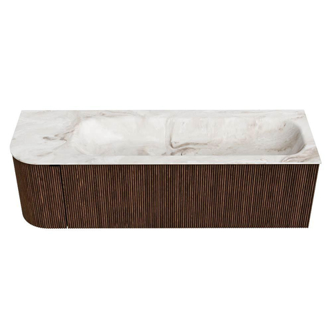 MONDIAZ KURVE-DLUX meuble de salle de bain 145cm avec module 25 L couleur Walnut avec 1 tiroir et 1 porte. Lavabo BIG LARGE droit sans trou de robinet couleur Frappe. SW1137481