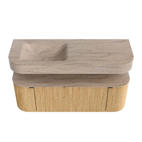 MONDIAZ THOR-DLUX 130cm badmeubel ronding links + rechts kleur Oak met 1 lade en 2 deuren. Vrijhangende wastafel CLOUD Links zonder kraangat kleur Saba. SW1464036