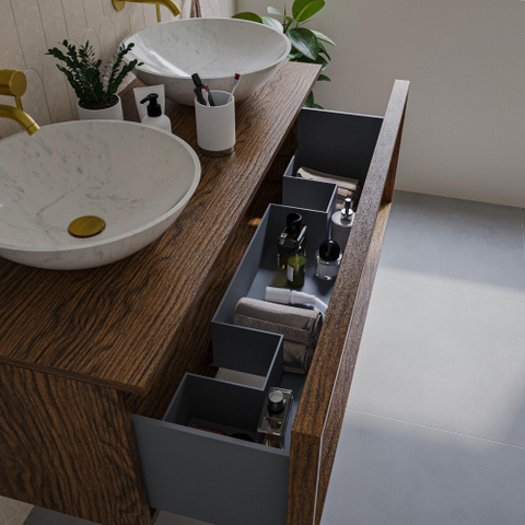 Saniclass Holz Frame Meuble de salle de bain - 120x45x40cm - lavabo en céramique blanc - 2 vasques - 2 trous de robinet - 1 tiroirs - Walnut pure SW1441848