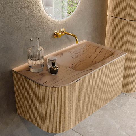MONDIAZ KURVE-DLUX Meuble de salle de bains 85cm arrondi gauche couleur Oak avec 1 tiroir et 1 porte. Lavabo CLOUD à droite sans trou de robinet Arena. SW1431081