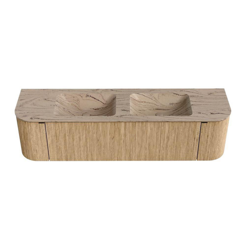 MONDIAZ KURVE-DLUX 170cm badmeubel ronding Links + Rechts kleur Oak met 1 lade en 2 deuren. Wastafel LEAF Dubbel zonder kraangat Arena. SW1431145