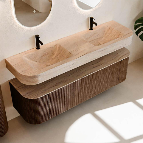 MONDIAZ THOR-DLUX 160cm meuble de salle de bains arrondi gauche + droite couleur Walnut avec 1 tiroir et 2 portes. Vasque suspendue CLOUD Double 2 trous de robinet couleur Saba. SW1465380