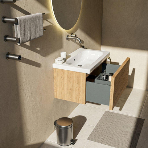 Saniclass Holz Frame Ensemble de meuble de salle de bains - 80x45x43.5cm - lavabo Palermo en céramique blanc - 1 vasque - sans trou de robinetterie - 1 tiroir - chêne natural mat (bois) SW1478589