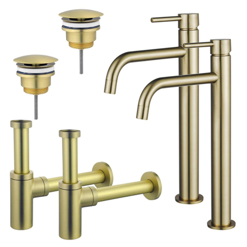 FugaFlow Eccelente Sobrado Slim Kit robinet lavabo - pour double vasque - robinet rehaussé - bonde non-obturable - siphon design - Laiton brossé PVD SW1124409