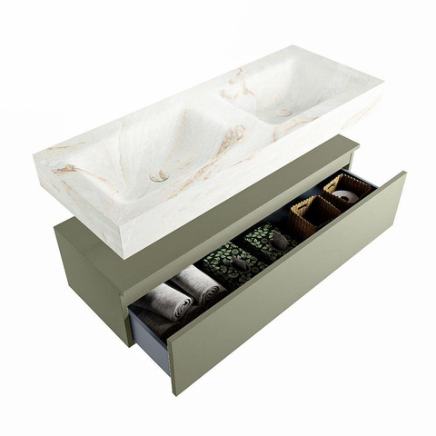 Mondiaz ALAN-DLUX Ensemble de meuble - 120cm - meuble Army mat - 1 tiroir - Lavabo Cloud Frappe suspendu - vasque Gauche et droite - 0 trous de robinet SW805408