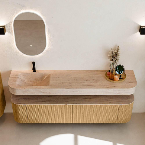 MONDIAZ THOR-DLUX Meuble de salle de bains 190cm arrondi gauche + droite couleur Chêne avec 2 tiroirs et 2 portes. Vasque suspendue CLOUD Gauche 1 trou de robinet couleur Saba. SW1466671
