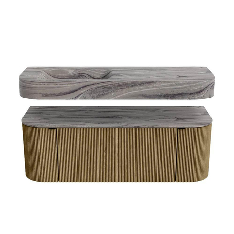 MONDIAZ THOR-DLUX Meuble de salle de bains 130cm arrondi gauche + droite couleur Dusk avec 1 tiroir et 2 portes. Vasque suspendue CLOUD Gauche sans trou de robinet couleur Sombra. SW1464065