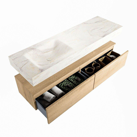 Mondiaz ALAN-DLUX Ensemble de meuble - 150cm - meuble Washed Oak mat - 2 tiroirs - Lavabo Cloud Ostra suspendu - vasque Gauche - 1 trou de robinet SW808849
