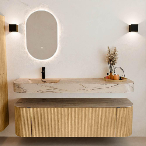 MONDIAZ THOR-DLUX 160cm meuble de salle de bains arrondi gauche + droite couleur Oak avec 1 tiroir et 2 portes. Vasque suspendue CLOUD Gauche 1 trou de robinet couleur Arena. SW1465120