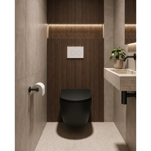 QeramiQ Dely Pack WC - 36.3x51.7cm - à fond creux - sans bride - réservoir encastré Geberit UP720 - abattant WC softclose 35 mm - plaque de déclenchement beige - boutons ronds - noir mat SW1428231