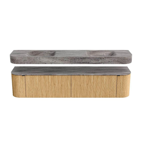 MONDIAZ THOR-DLUX 200cm meuble de salle de bains arrondi gauche + droite couleur Oak avec 2 tiroirs et 2 portes. Vasque suspendue CLOUD Double sans trou de robinet couleur Oza. SW1467189