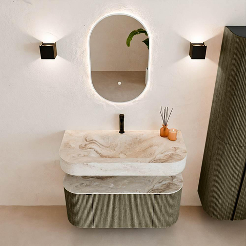 MONDIAZ THOR-DLUX 100cm meuble de salle de bains arrondi gauche + droite couleur Shadow avec 1 tiroir et 2 portes. Vasque suspendue CLOUD Milieu 1 trou de robinet couleur Frappe. SW1467437