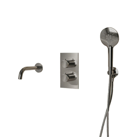 Fortifura Calvi Badkraan set - uitloop - 22cm inkortbaar - metalen slang - ronde handdouche - inbouwdeel - wandhouder - PVD - geborsteld RVS SW1244023