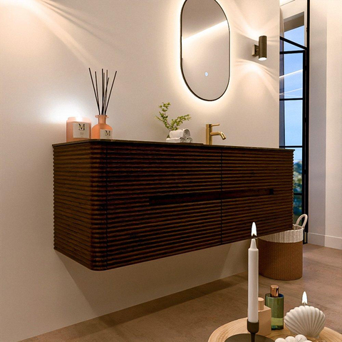 Mondiaz CIRO-DLUX Badkamermeubelset - 140x45x50cm - Solid surface wastafel Lava - 1 wasbak Rechts - 1 kraangat - 4 lades - Walnut SW1530155