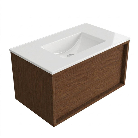 Saniclass Holz Frame Meuble de salle de bain - 80x45x40cm - lavabo en céramique blanc - 1 vasque - sans trous de robinet - 1 tiroirs - Walnut pure SW1441858