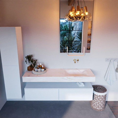 Mondiaz ALAN-DLUX Ensemble de meuble - 150cm - meuble Talc mat - 2 tiroirs - Lavabo Cloud Ostra suspendu - vasque Droite - 0 trous de robinet SW807146