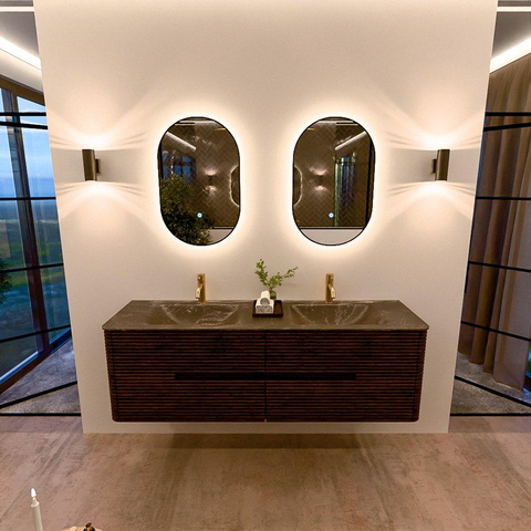 Mondiaz CIRO-DLUX Badkamermeubelset - 160x45x50cm - Solid surface wastafel Lava - 2 wasbak Dubbel - 2 kraangaten - 4 lades - Walnut SW1530149
