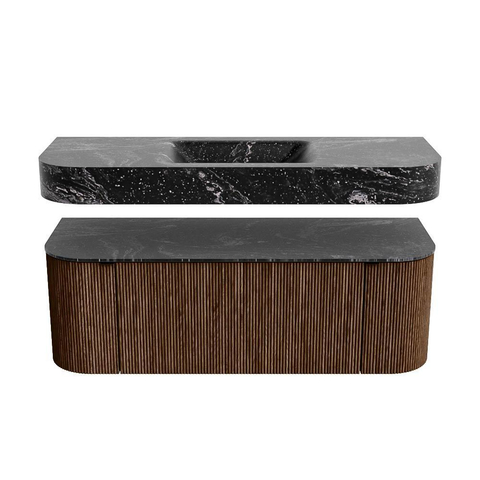 MONDIAZ THOR-DLUX 130cm meuble de salle de bains arrondi gauche + droite couleur Walnut avec 1 tiroir et 2 portes. Vasque suspendue CLOUD Milieu sans trou de robinet couleur Lava. SW1467653