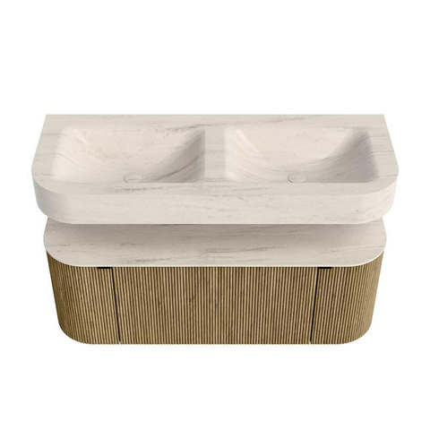 MONDIAZ THOR-DLUX 120cm meuble de salle de bains arrondi gauche + droite couleur Dusk avec 1 tiroir et 2 portes. Vasque suspendue CLOUD Double sans trou de robinet couleur Meli. SW1463324
