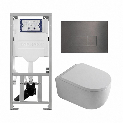 QeramiQ Dely Swirl Toiletset - 36.3x51.7cm - diepspoel - rimless - Geberit UP320 inbouwreservoir - met Burda frame - 35mm zitting - gunmetal bedieningsplaat - rechtehoekige knoppen - mat wit SW1138641