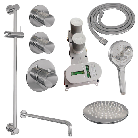 Brauer Chrome Carving Colonne de douche thermostatique avec pommeau 20cm et bras Bras mural courbé 40cm et douchette Rond 3 jet flexible lisse avec coude mural Chrome SW715591