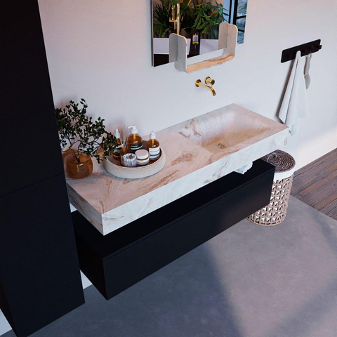Mondiaz ALAN-DLUX Ensemble de meuble - 130cm - meuble Urban mat - 1 tiroir - Lavabo Cloud Frappe suspendu - vasque Droite - 0 trous de robinet SW804855