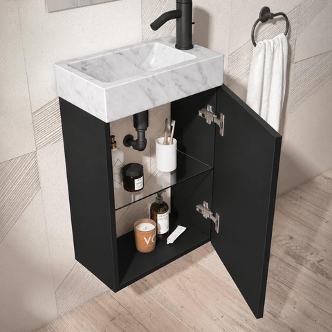 Saniclass Chaci Toiletmeubelset - 40x65cm - 1 deur - 1 kraangat - rechts - fontein natuursteen marmer - mat zwart SW1482366