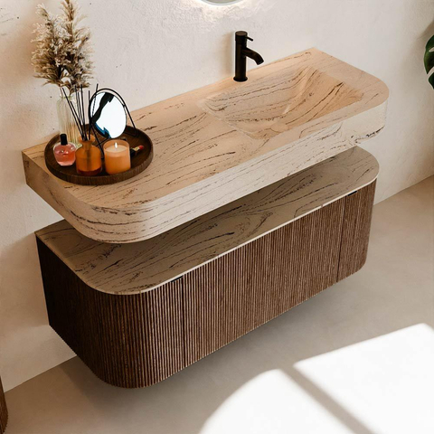 MONDIAZ THOR-DLUX 120cm meuble de salle de bains arrondi gauche + droite couleur Walnut avec 1 tiroir et 2 portes. Vasque suspendue CLOUD Droite 1 trou de robinet couleur Arena. SW1463394