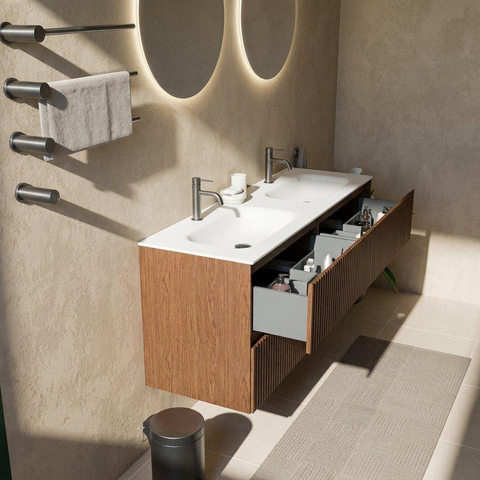 Saniclass Holz Atelier Ensemble de meubles de salle de bains - 140x45x61.5cm - Flow lavabo en solid surface blanc - 2 vasques - 2 trous de robinet - 4 tiroirs - walnut pure mat (bois) SW1478435