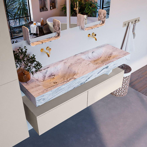 MONDIAZ ALAN - DLUX Ensemble meuble de salle de bains - 150cm - sous-meuble - Linen - 2 tiroirs - lavabo suspendu - 2 vasques - 0 trous de robinet - Glace SW806044