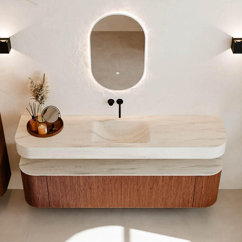 MONDIAZ THOR-DLUX 180cm meuble de salle de bains arrondi gauche + droite couleur Ruby avec 2 tiroirs et 2 portes. Vasque suspendue CLOUD Milieu sans trou de robinet couleur Meli. SW1466181