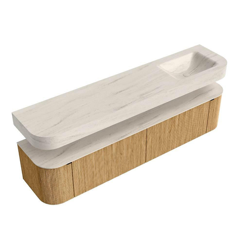 MONDIAZ THOR-DLUX 200cm meuble de salle de bains arrondi gauche + droite couleur Oak avec 2 tiroirs et 2 portes. Vasque suspendue CLOUD Droite 1 trou de robinet couleur Meli. SW1467097