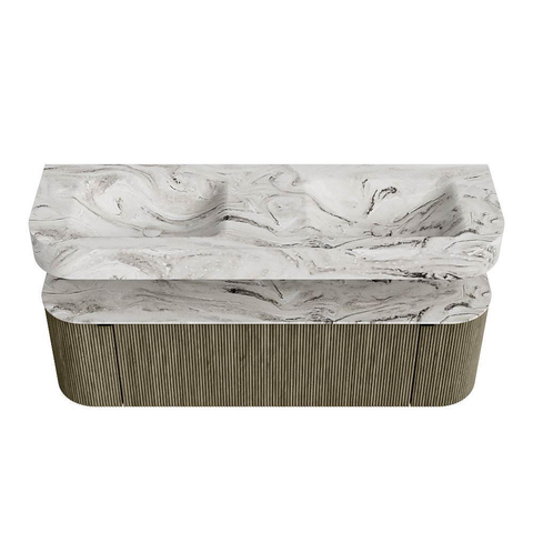 MONDIAZ THOR-DLUX 150cm badmeubel ronding links + rechts kleur Shadow met 1 lade en 2 deuren. Vrijhangende wastafel CLOUD Dubbel zonder kraangat kleur Glace. SW1464673