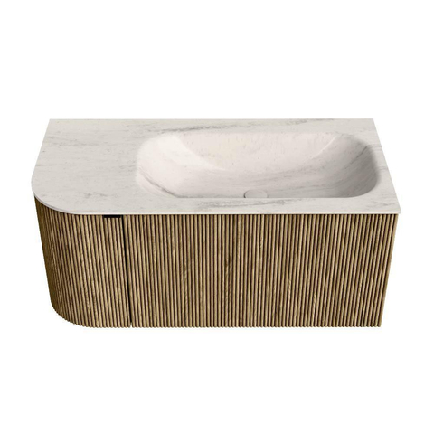 MONDIAZ KURVE-DLUX 95cm badmeubel ronding Links kleur Dusk met 1 lade en 1 deur. Wastafel BIG SMALL Rechts 1 kraangat Meli. SW1431867