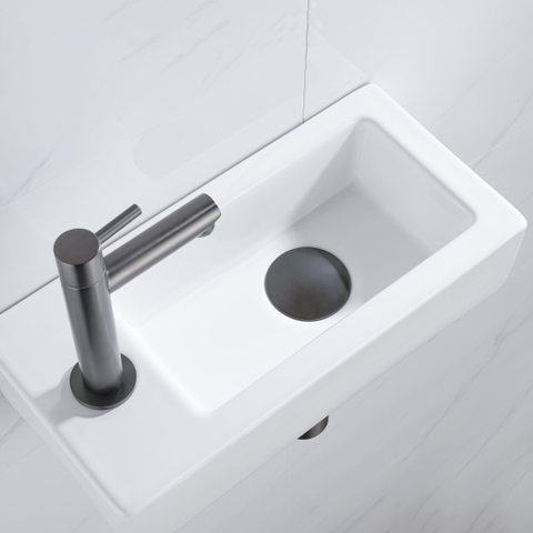 QeramiQ Fuente fonteinset – 37.5x18.5x9 cm – keramiek wit glans – kraangat links – kraan geborsteld gunmetal SW1232760