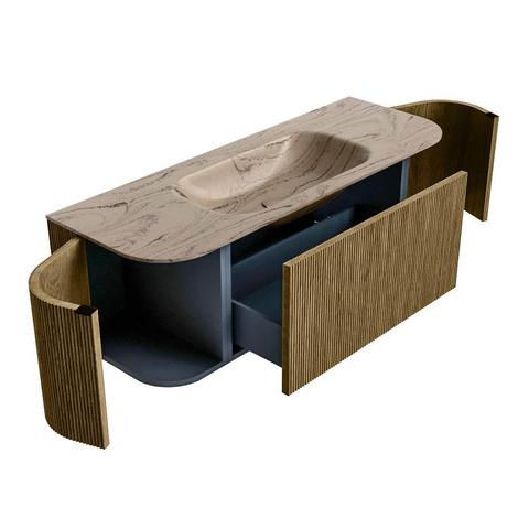 MONDIAZ KURVE-DLUX Meuble de salle de bains 130cm arrondi Gauche + Droite couleur Dusk avec 1 tiroir et 2 portes. Lavabo BIG SMALL Central 1 trou de robinet Arena. SW1431367