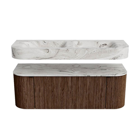 MONDIAZ THOR-DLUX 130cm meuble de salle de bains arrondi gauche + droite couleur Walnut avec 1 tiroir et 2 portes. Vasque suspendue CLOUD Double sans trou de robinet couleur Glace. SW1463593