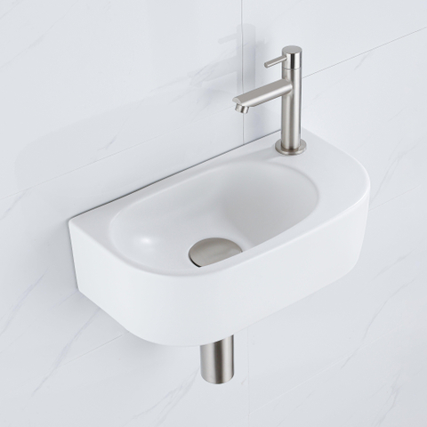 QeramiQ Fuente pack lave-mains – 40 x 21,5 x 12 cm – céramique blanc mat – perçage à droite – robinet inox brossé SW1232812