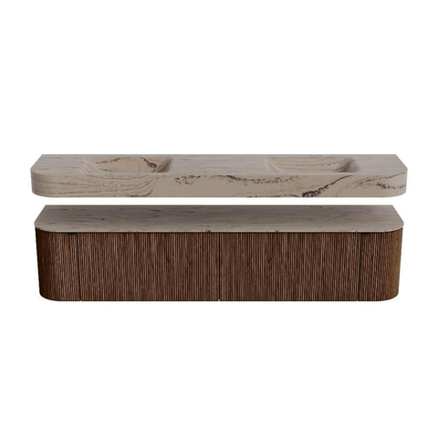 MONDIAZ THOR-DLUX 200cm meuble de salle de bains arrondi gauche + droite couleur Walnut avec 2 tiroirs et 2 portes. Vasque suspendue CLOUD Double sans trou de robinet couleur Arena. SW1467063