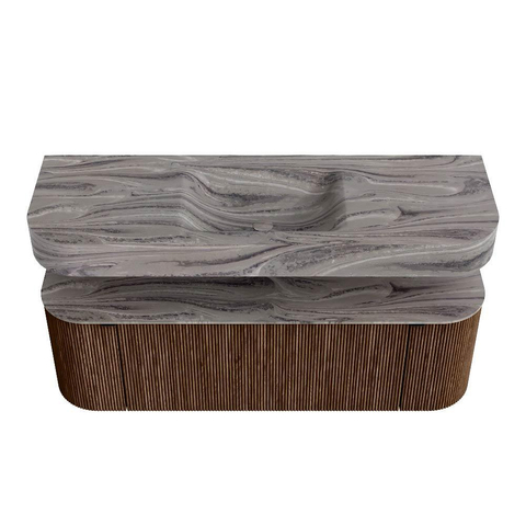 MONDIAZ THOR-DLUX 140cm badmeubel ronding links + rechts kleur Walnut met 1 lade en 2 deuren. Vrijhangende wastafel CLOUD Midden zonder kraangat kleur Sombra. SW1464347
