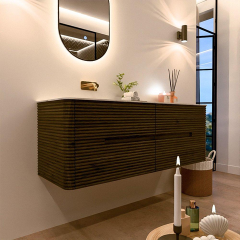 Mondiaz CIRO-DLUX Ensemble de meubles de salle de bains - 140x45x50cm - plan-vasque solid surface Opalo - 1 vasque à gauche - sans trous de robinetterie - 4 tiroirs - Shadow SW1532419