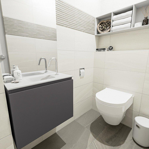 MONDIAZ OLAN Toiletmeubel 60x30x40cm met 1 kraangaten 1 lades dark grey mat Wastafel Lex midden Solid Surface Wit SW473259