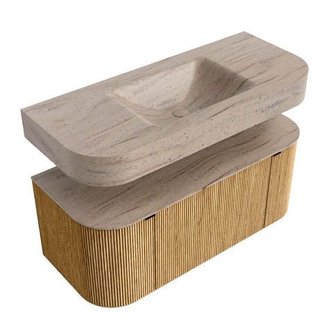 MONDIAZ THOR-DLUX 110cm badmeubel ronding links + rechts kleur Oak met 1 lade en 2 deuren. Vrijhangende wastafel CLOUD Midden zonder kraangat kleur Saba. SW1462999