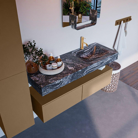 Mondiaz ALAN-DLUX Ensemble de meuble - 130cm - meuble Oro mat - 2 tiroirs - Lavabo Cloud Lava suspendu - vasque Droite - 1 trou de robinet SW808525